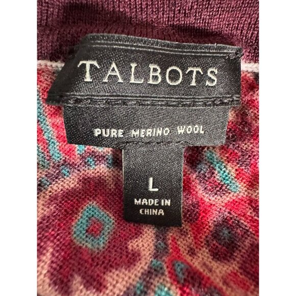Talbots Womens L Red Multicolor Paisley Print Merino Wool Sweater Made In China - Picture 8 of 16